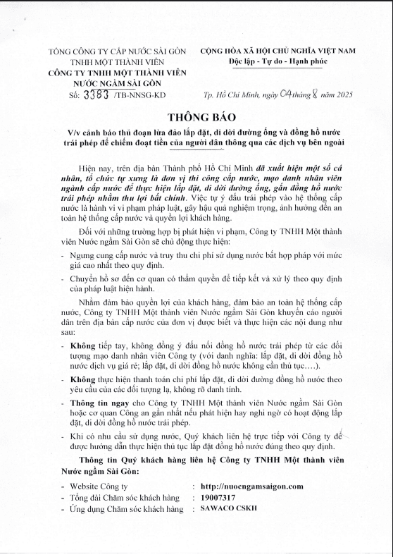 Thông báo về việc cảnh báo thủ đoạn lừa đảo lắp đặt, di dời đường ống và đồng hồ nước trái phép để chiếm đoạt tiền của người dân thông qua các dịch vụ bên ngoài
