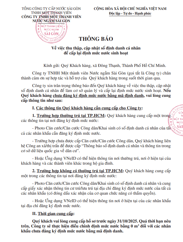 Thông báo về việc thu nhập, cập nhập số định danh cá nhân để cấp lại định mức nước sinh hoạt